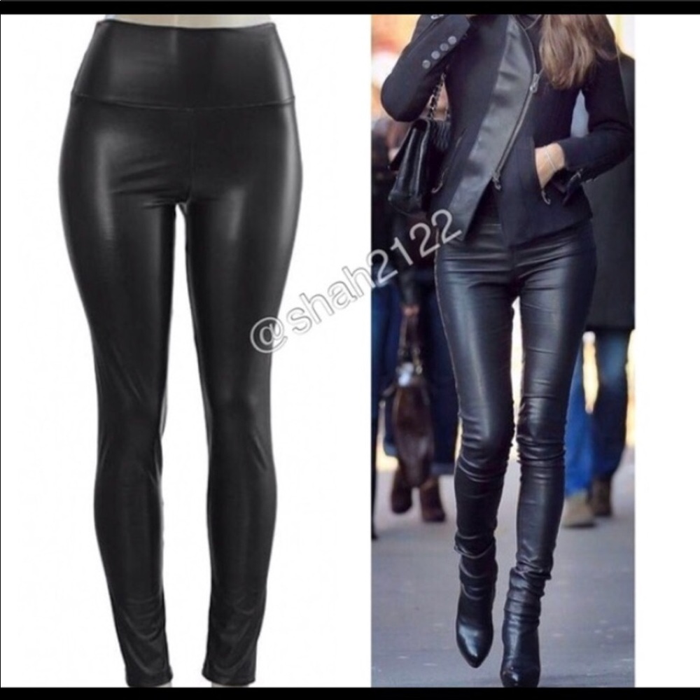 Black Faux Leather Fleece Lined Leggings S - XL - Picture 3 of 5